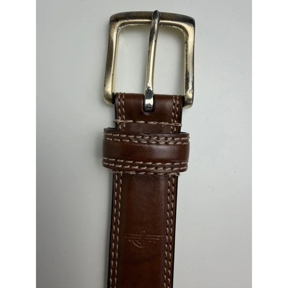 Dockers Mens Genuine Leather Belt Brown Contrast Stitch Brass 34-36 Old Money